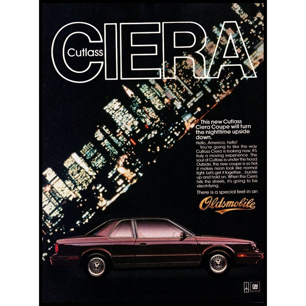 1986 Oldsmobile Cutlass Ciera Sedan Vintage Print Ad City Skyline Night Wall Art